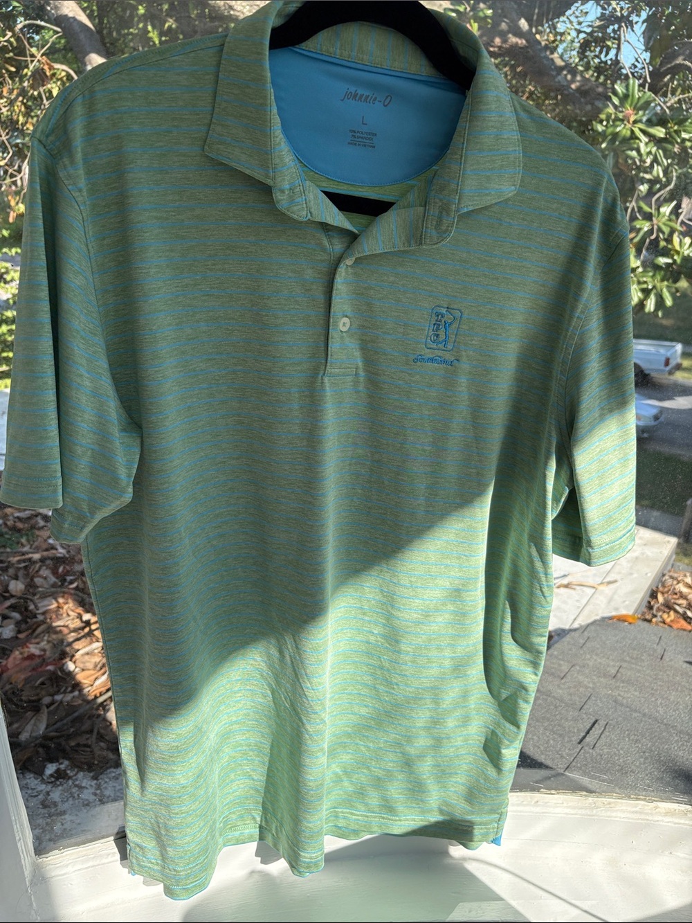 johnnie-O Mint and Aqua Striped Performance Polo